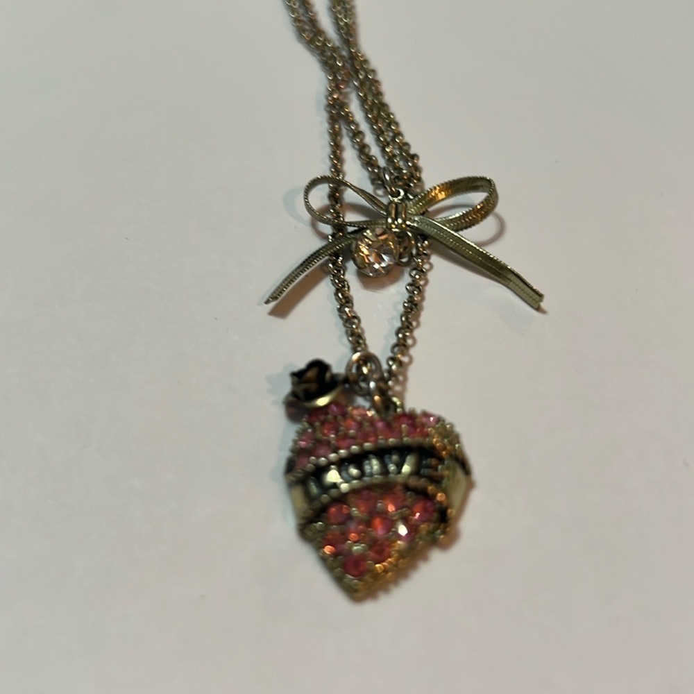 Betsy Johnson double layer heart love, bow pink necklace